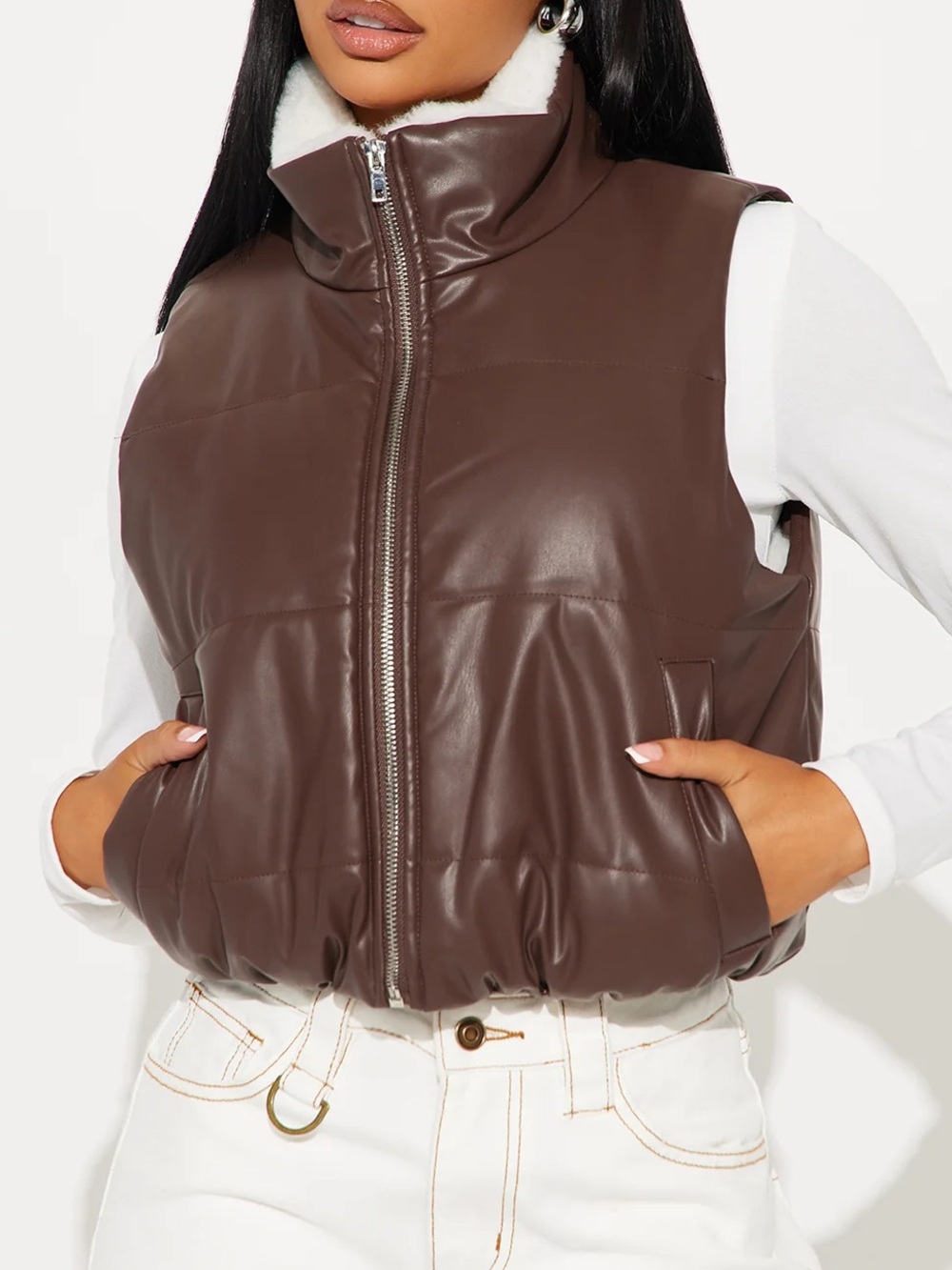 Fashion Nova - Dana Faux Leather Puffer Vest - Chocolate - Women’s Small